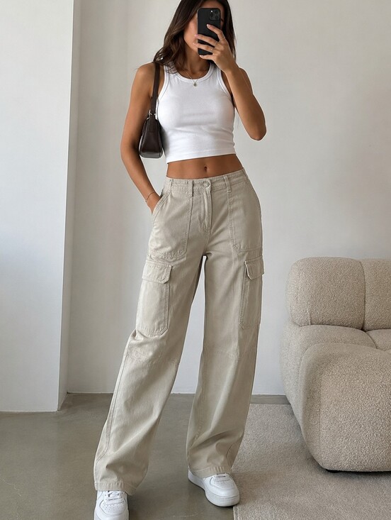 Zara Pants - Zara Women’s Beige Cargo Pants Wide Leg Utility Trousers Size 4 EUR 36